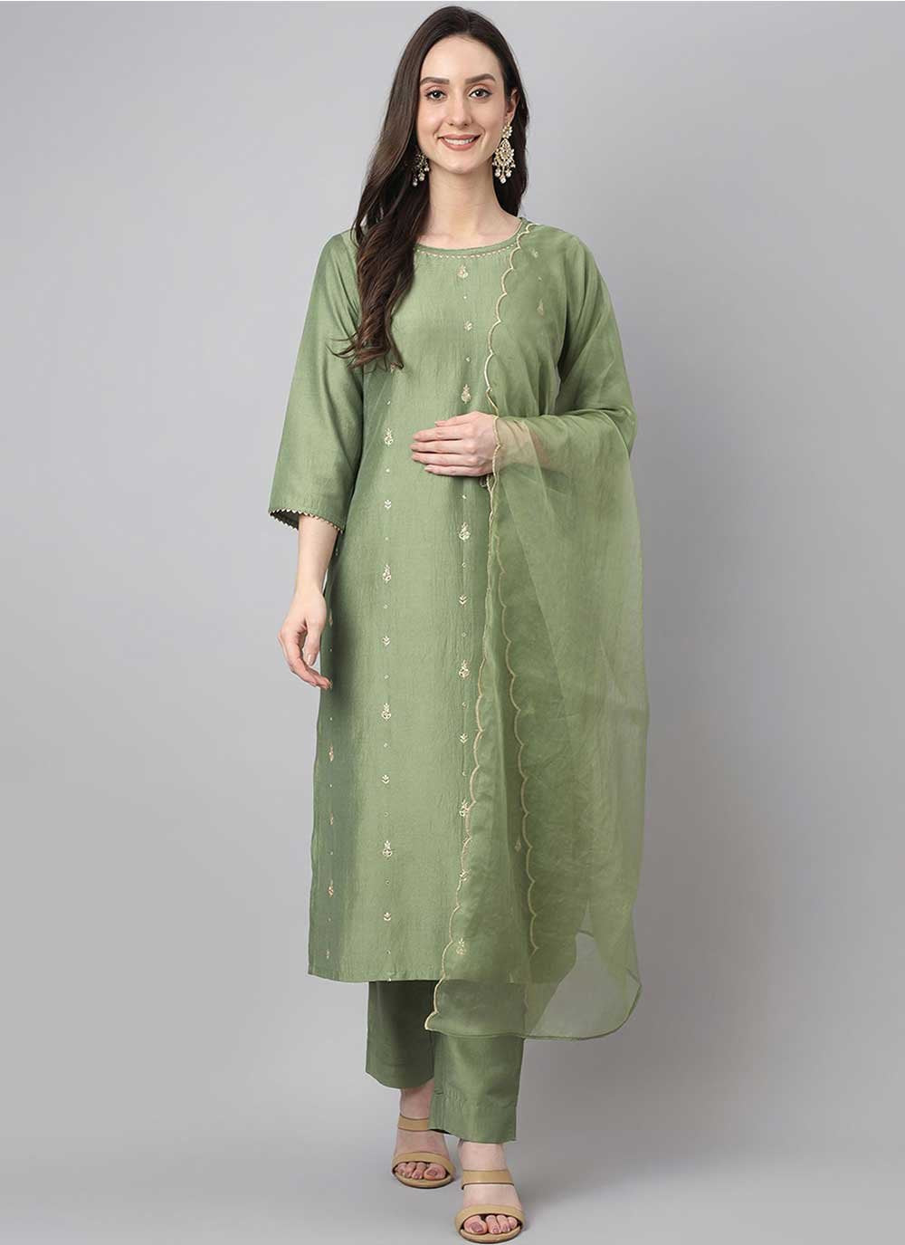 Salwar Suit Chinon Green Embroidered Salwar Kameez