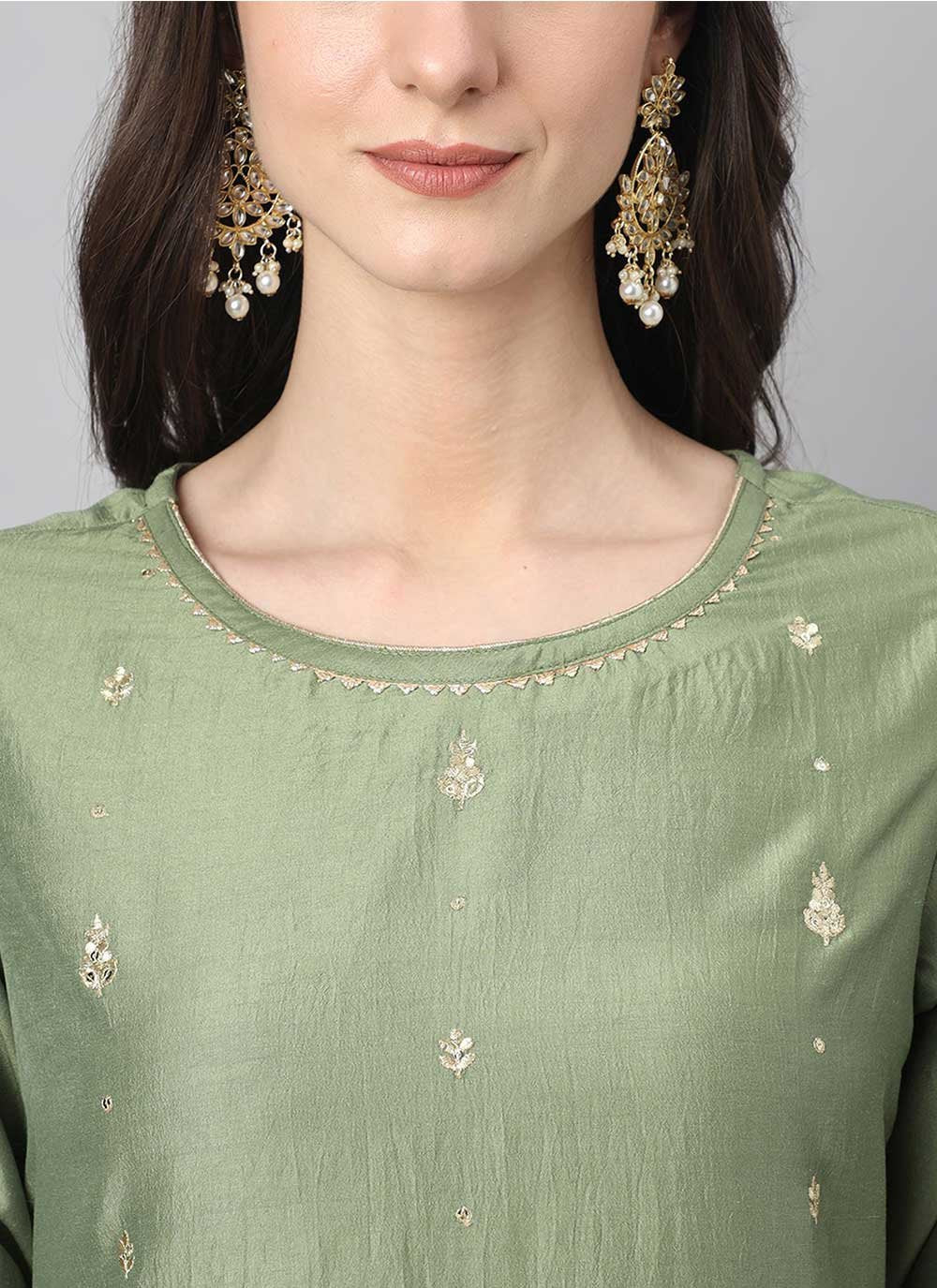 Salwar Suit Chinon Green Embroidered Salwar Kameez