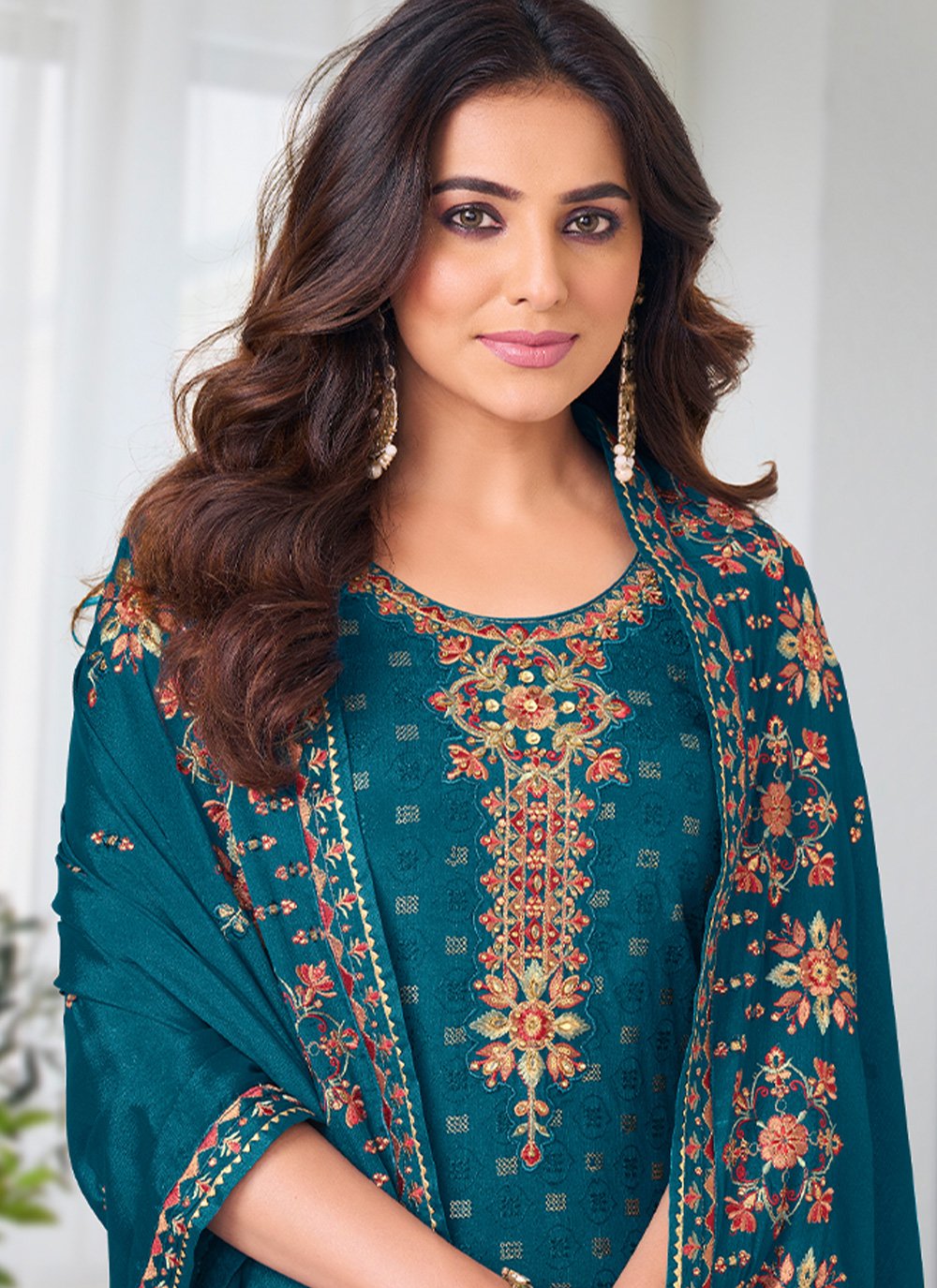 Salwar Suit Chinon Teal Embroidered Salwar Kameez