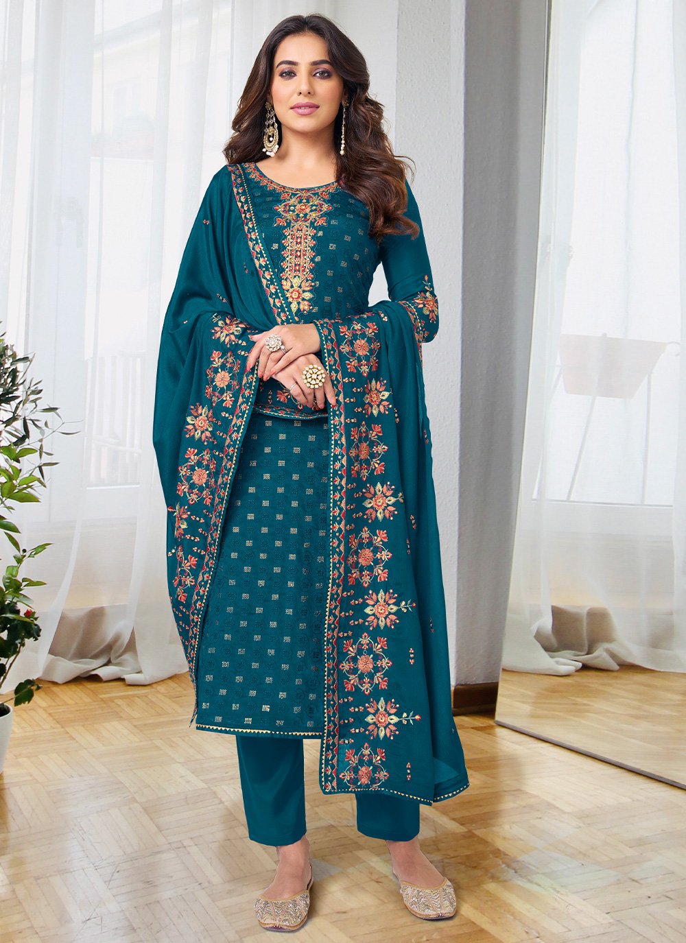 Salwar Suit Chinon Teal Embroidered Salwar Kameez