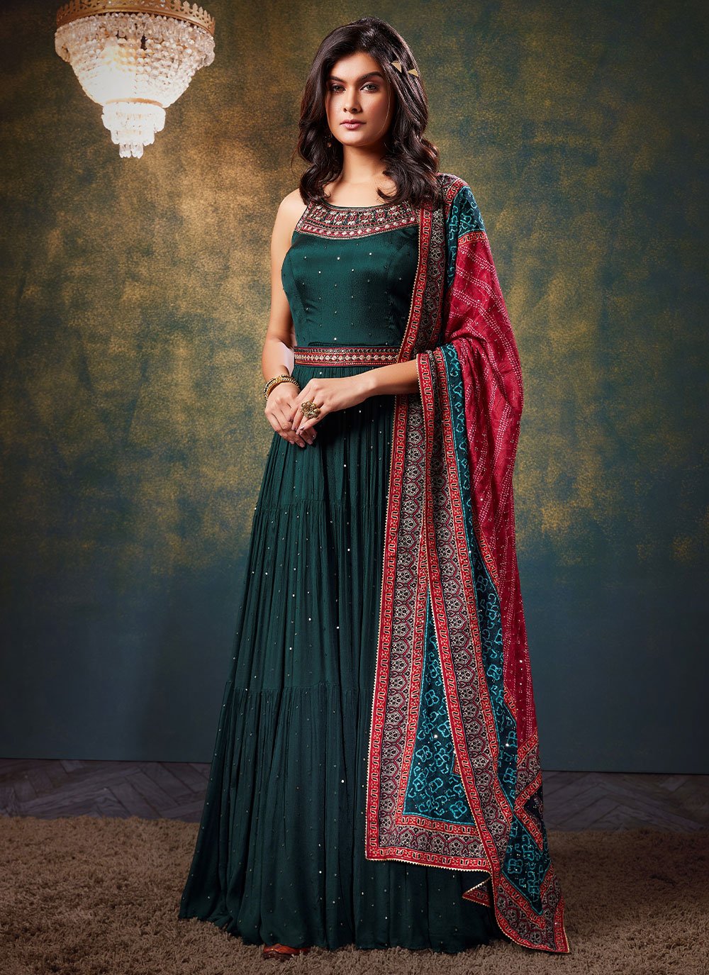 Gown Chinon Teal Embroidered Gown