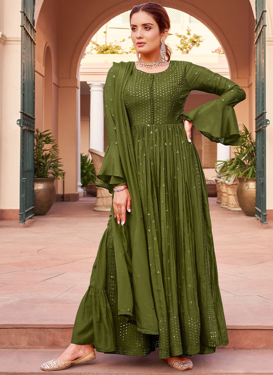 Salwar Suit Chinon Green Embroidered Salwar Kameez