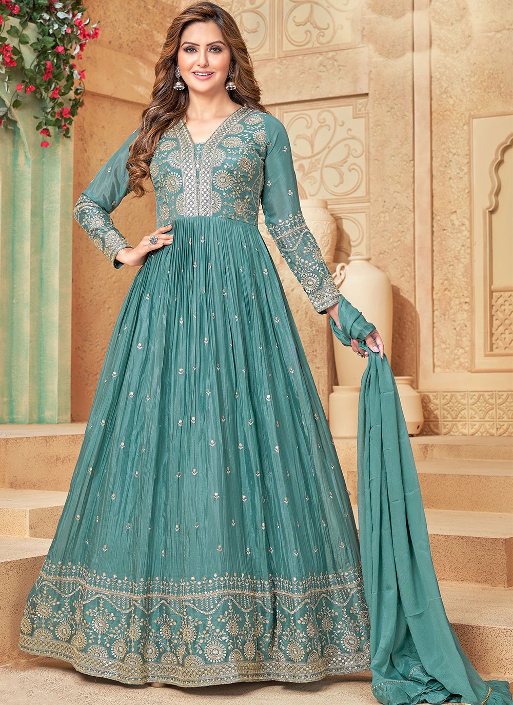 Gown Chinon Turquoise Embroidered Gown