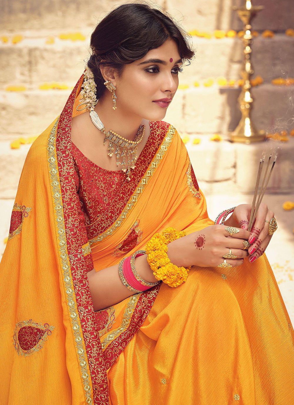 Classic Chinon Yellow Embroidered Saree