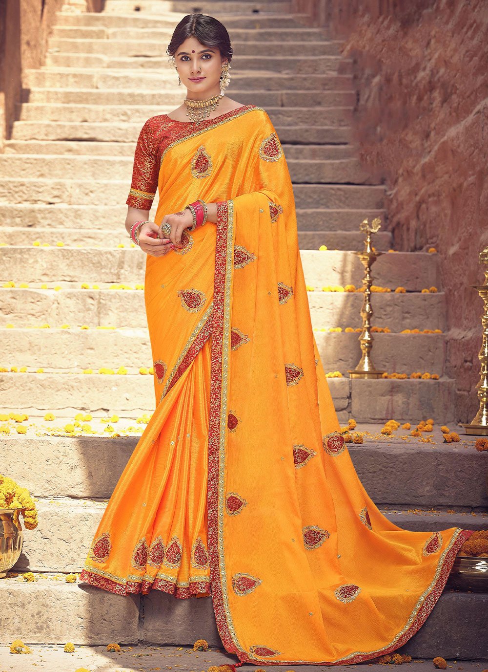 Classic Chinon Yellow Embroidered Saree