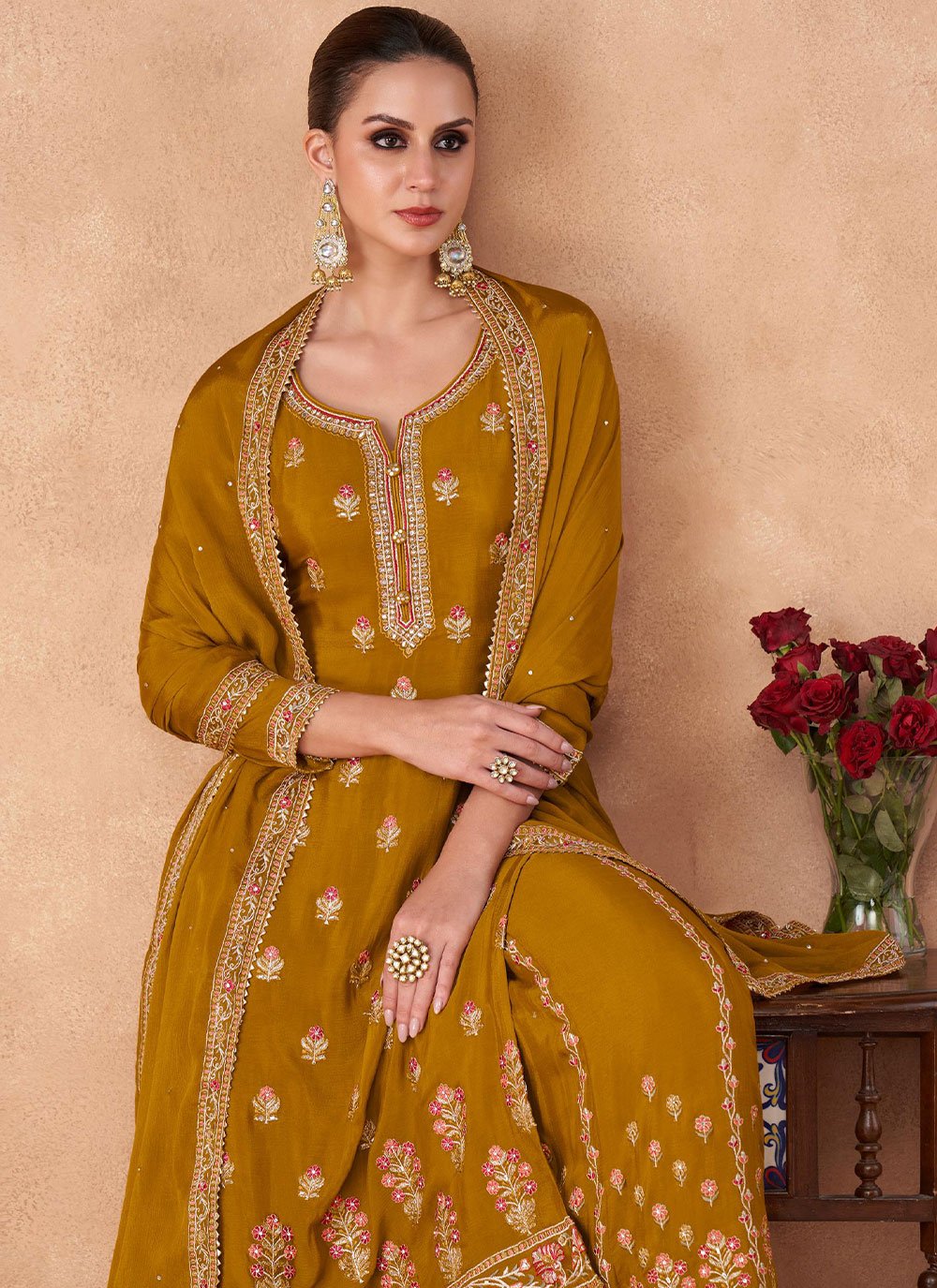 Palazzo Salwar Suit Chinon Georgette Mustard Embroidered Salwar Kameez