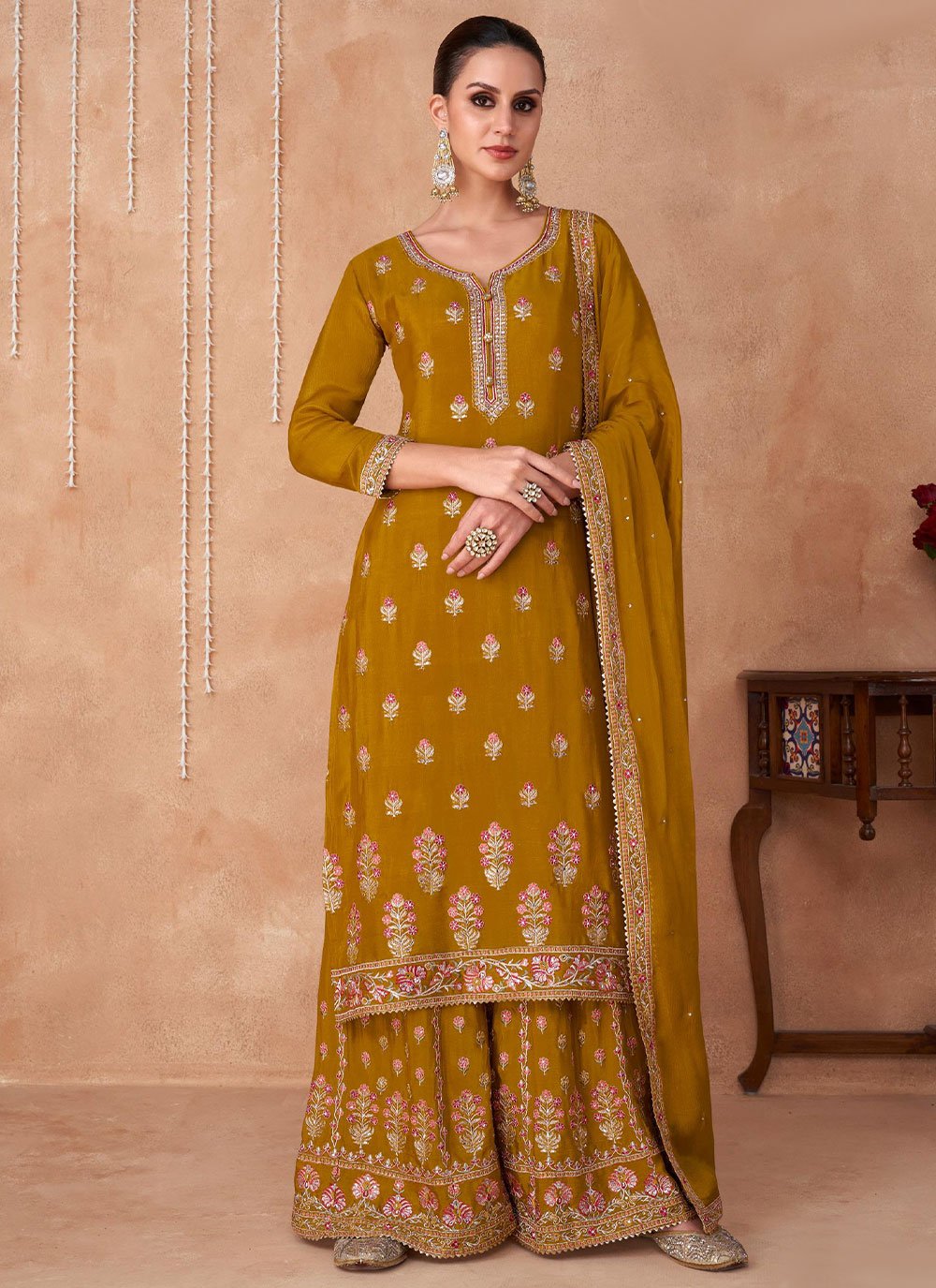 Palazzo Salwar Suit Chinon Georgette Mustard Embroidered Salwar Kameez