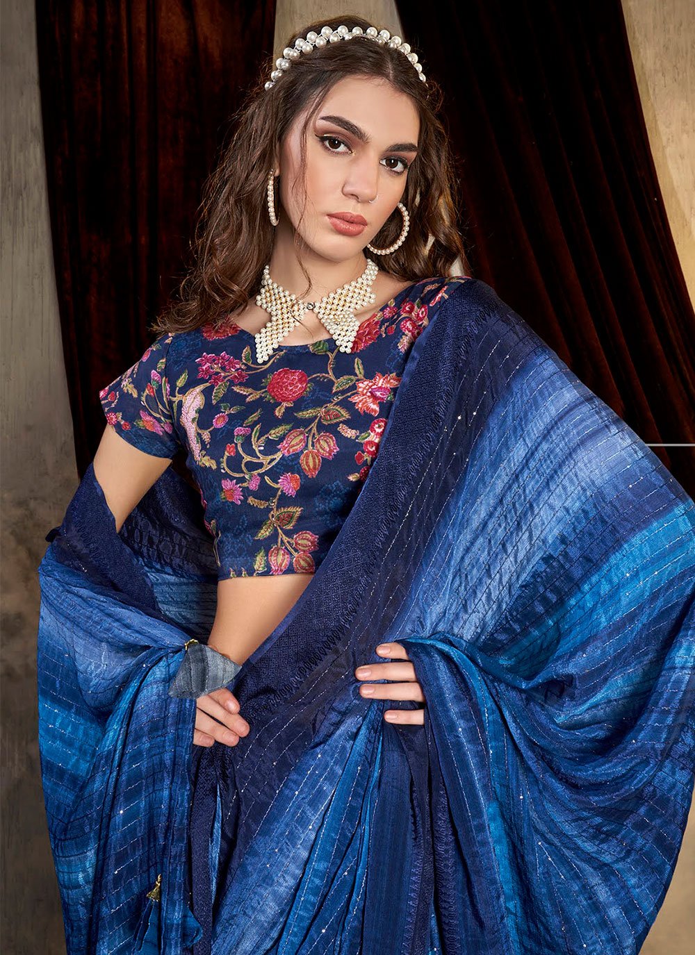 Classic Chinon Blue Print Saree