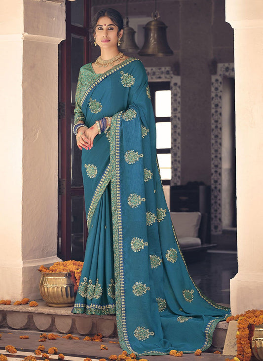 Classic Chinon Morpeach Embroidered Saree