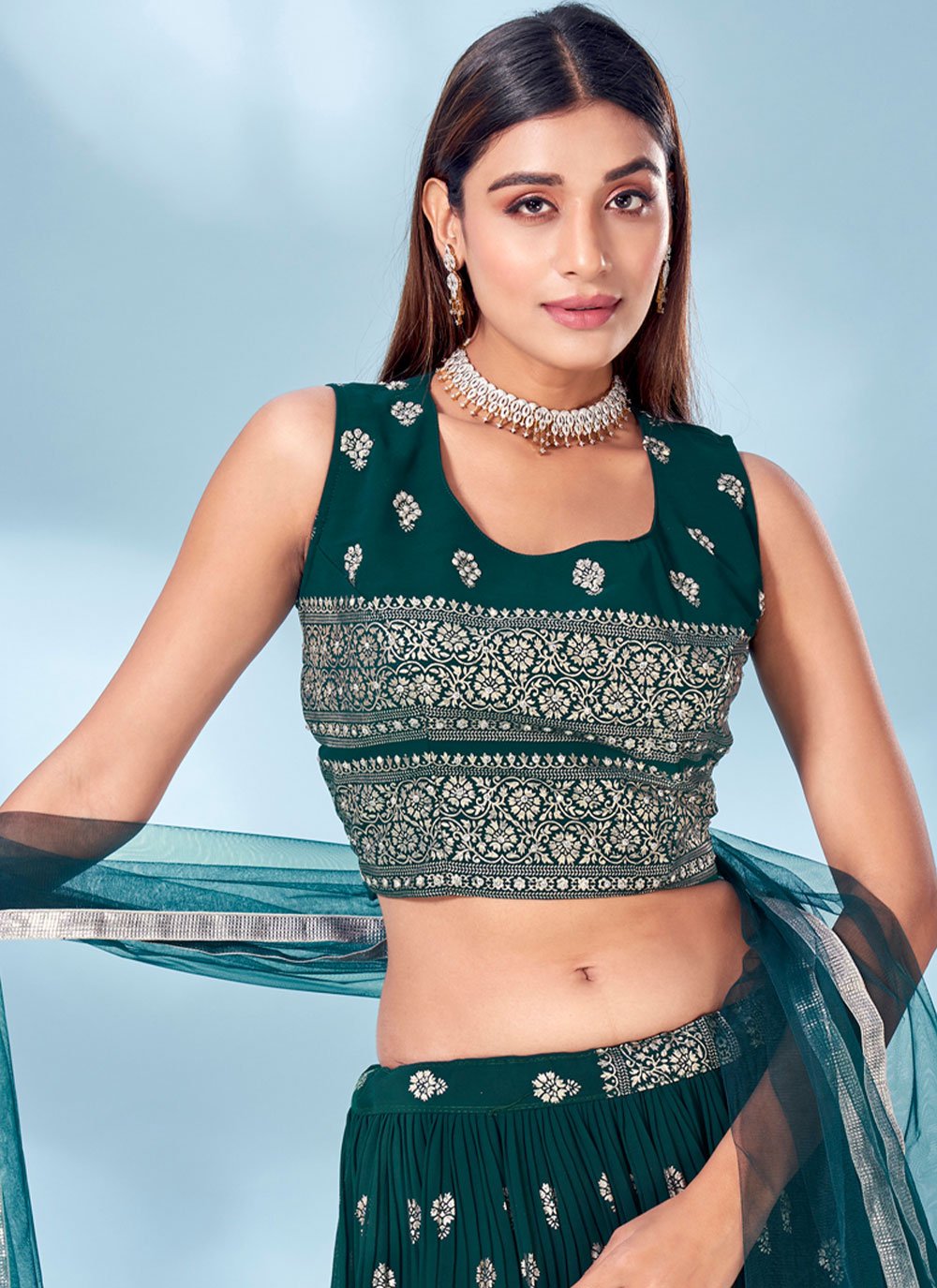 A Line Lehenga Chinon Green Foil Print Lehenga Choli