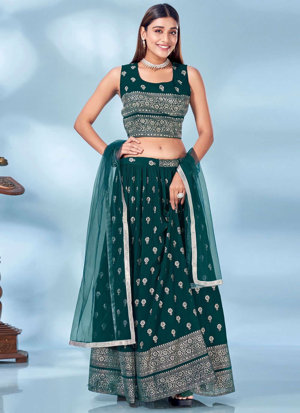 A Line Lehenga Chinon Green Foil Print Lehenga Choli