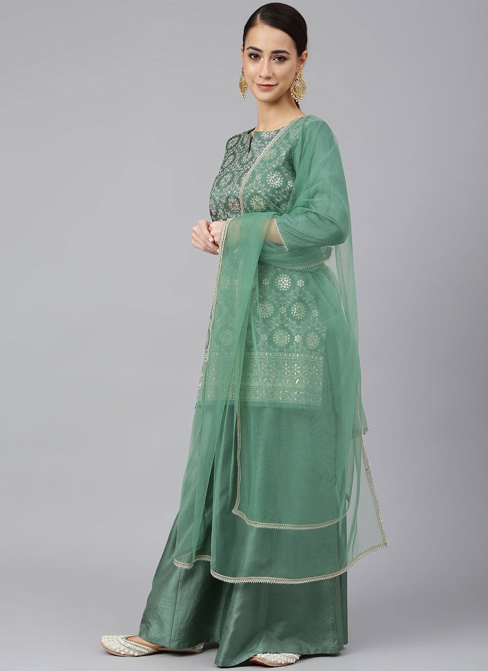 Straight Salwar Suit Chinon Green Foil Print Salwar Kameez