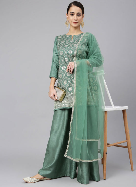 Straight Salwar Suit Chinon Green Foil Print Salwar Kameez