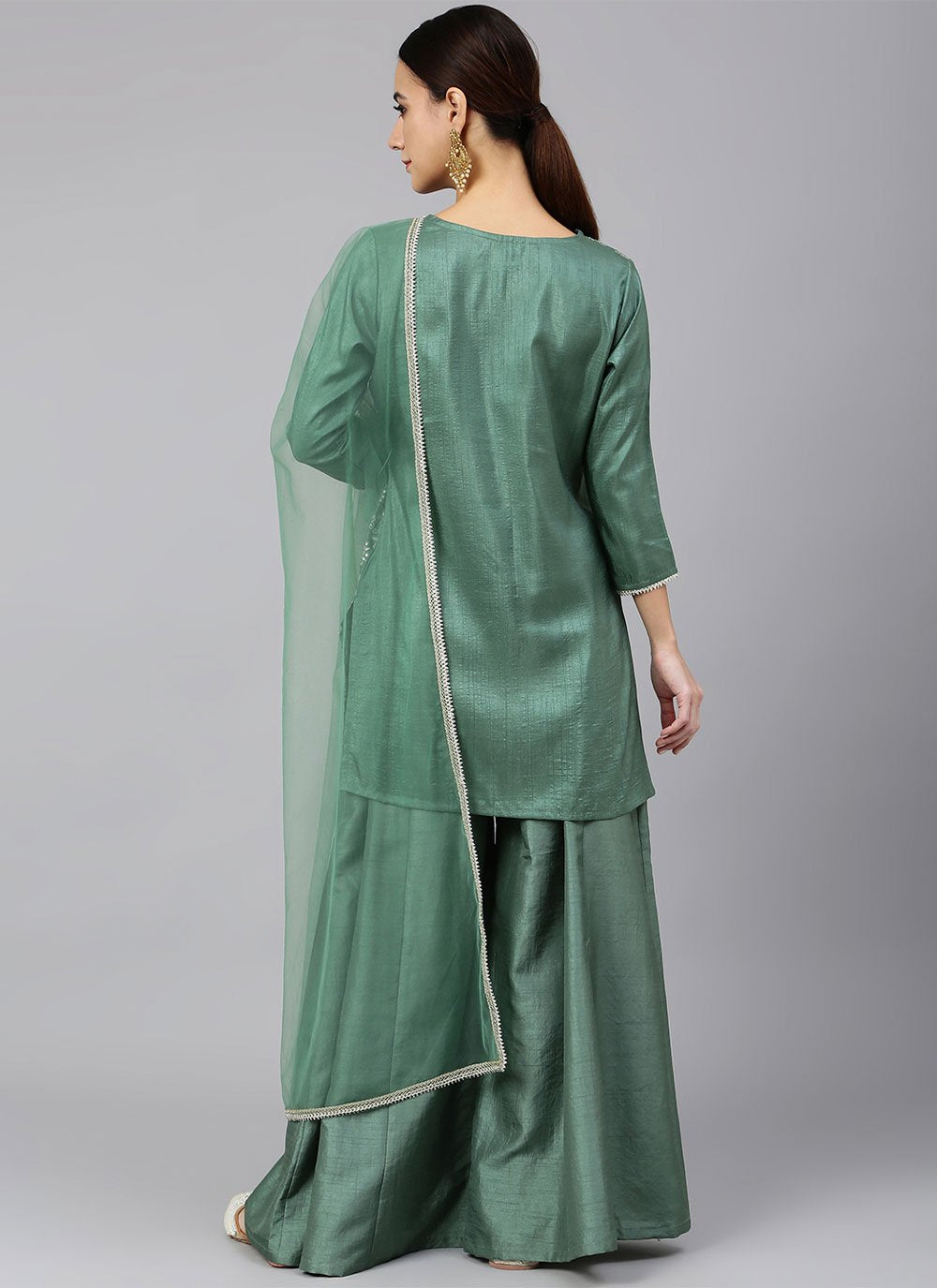 Straight Salwar Suit Chinon Green Foil Print Salwar Kameez