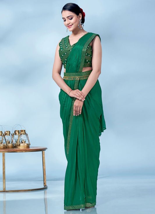 Traditional Saree Chinon Green Patch Border Saree