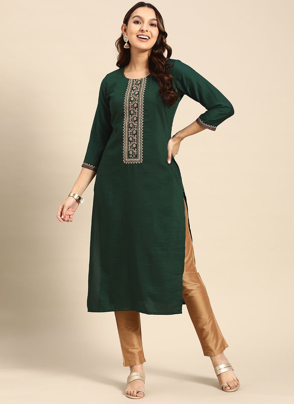 Designer Kurti Chinon Green Embroidered Kurtis