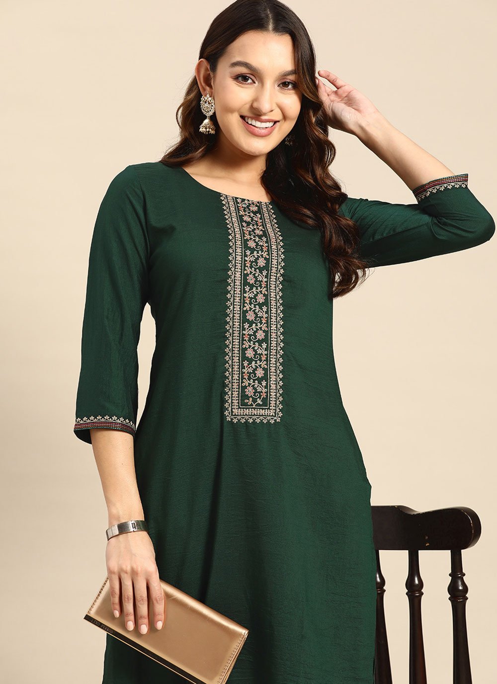 Designer Kurti Chinon Green Embroidered Kurtis