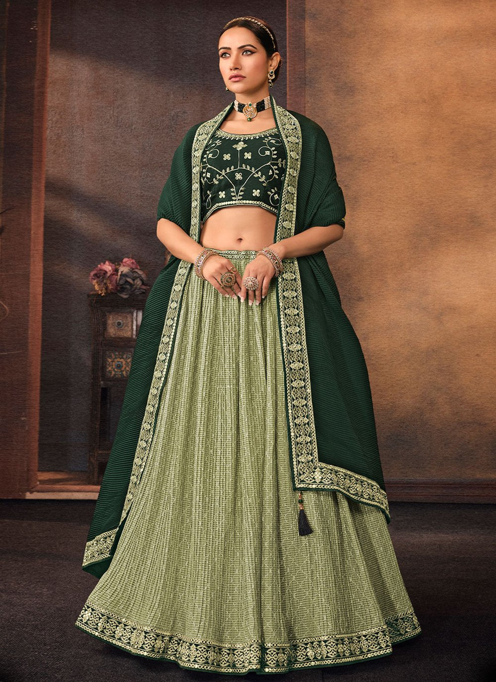 Lehenga Choli Chinon Green Embroidered Lehenga Choli