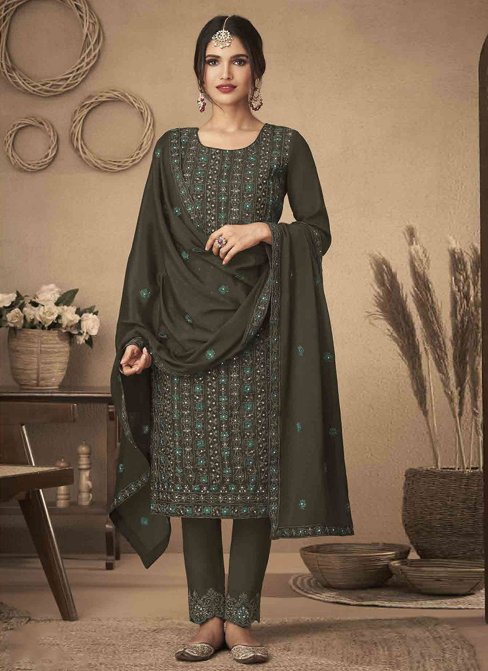 Trendy Suit Chinon Green Embroidered Salwar Kameez