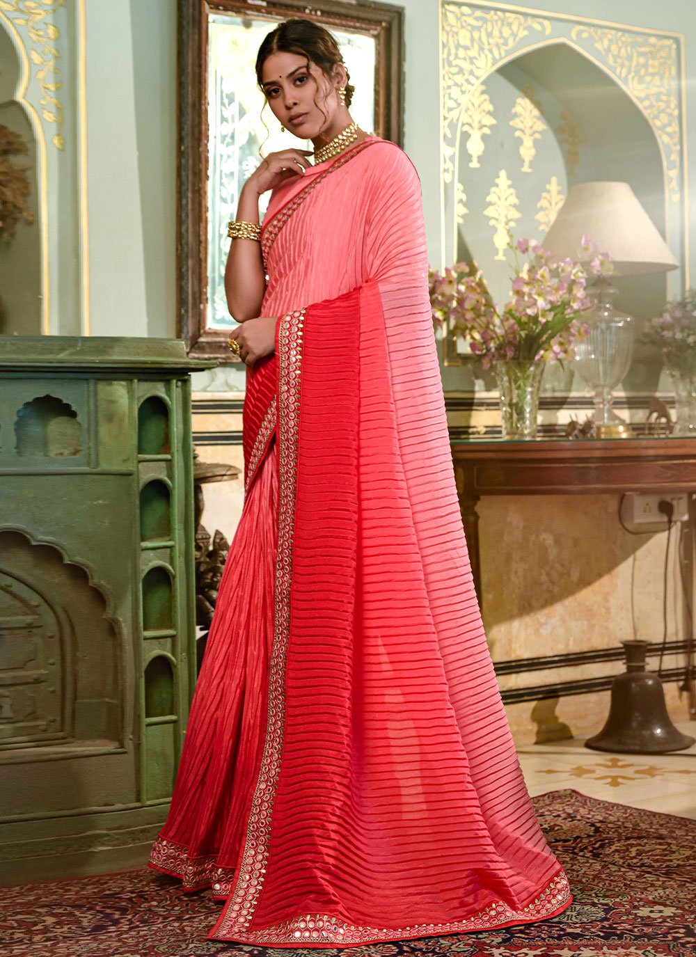 Contemporary Chinon Crush Peach Embroidered Saree