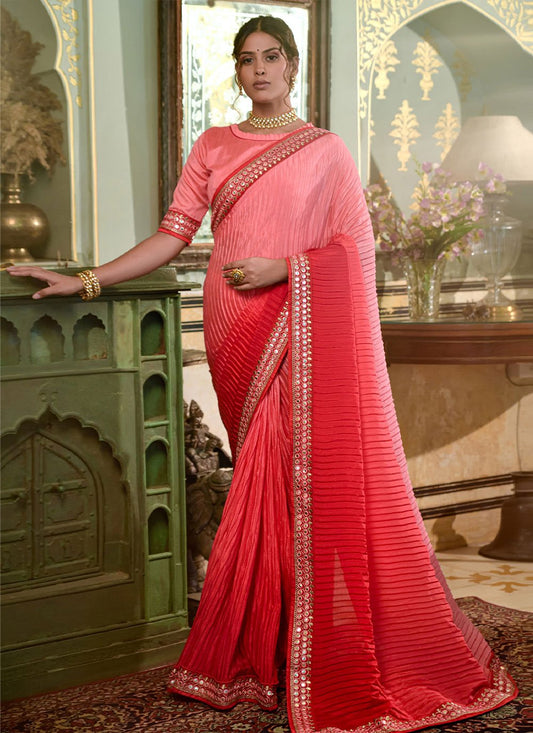 Contemporary Chinon Crush Peach Embroidered Saree