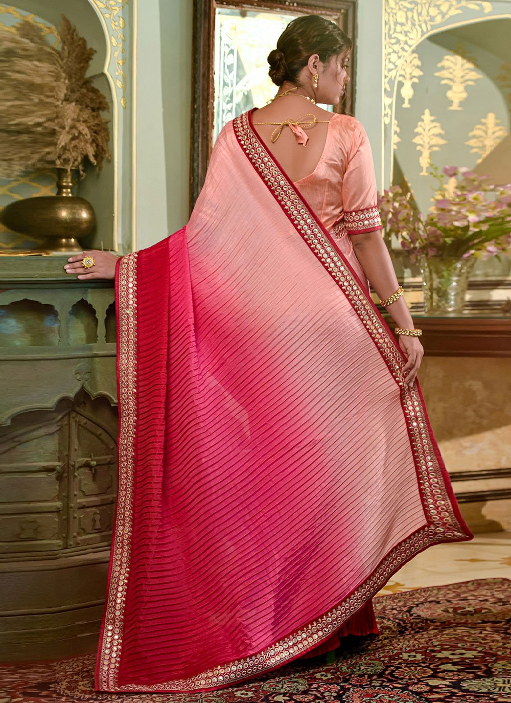 Contemporary Chinon Crush Peach Embroidered Saree