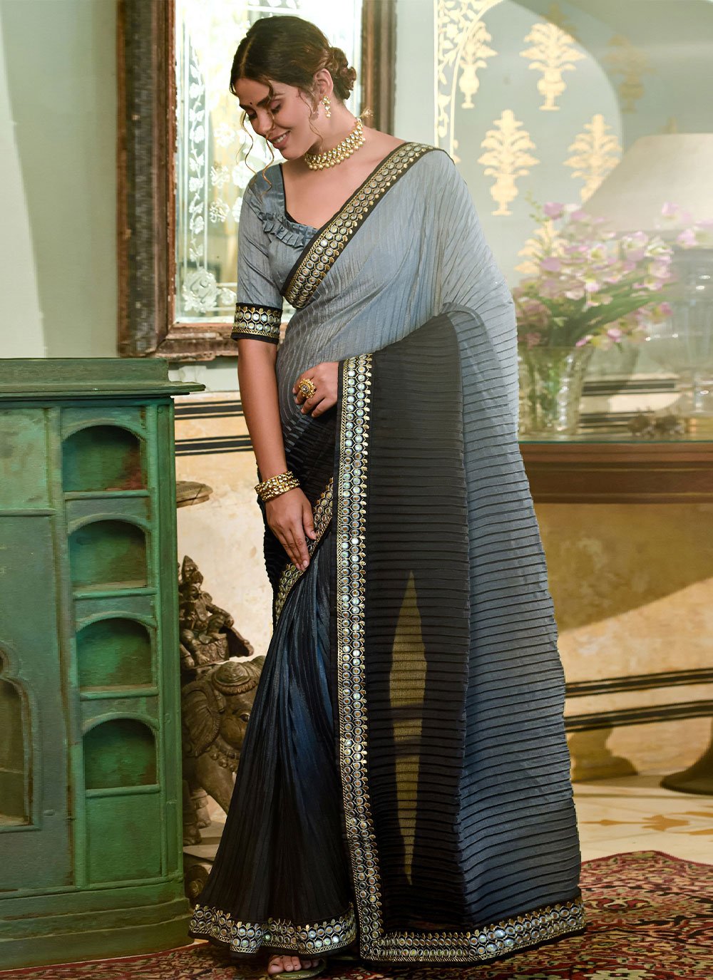 Classic Chinon Crush Grey Embroidered Saree