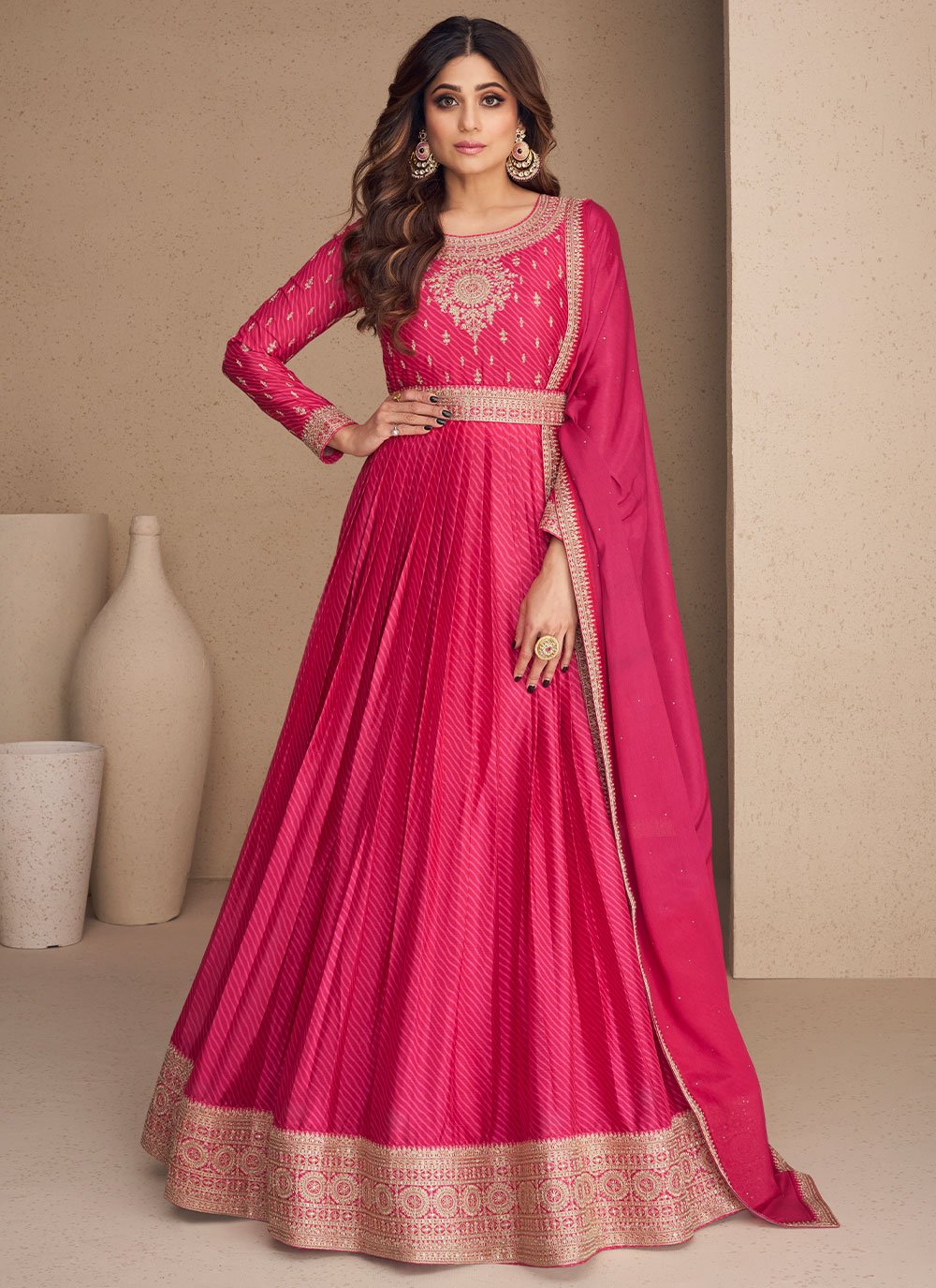 Gown Chinon Silk Pink Embroidered Gown