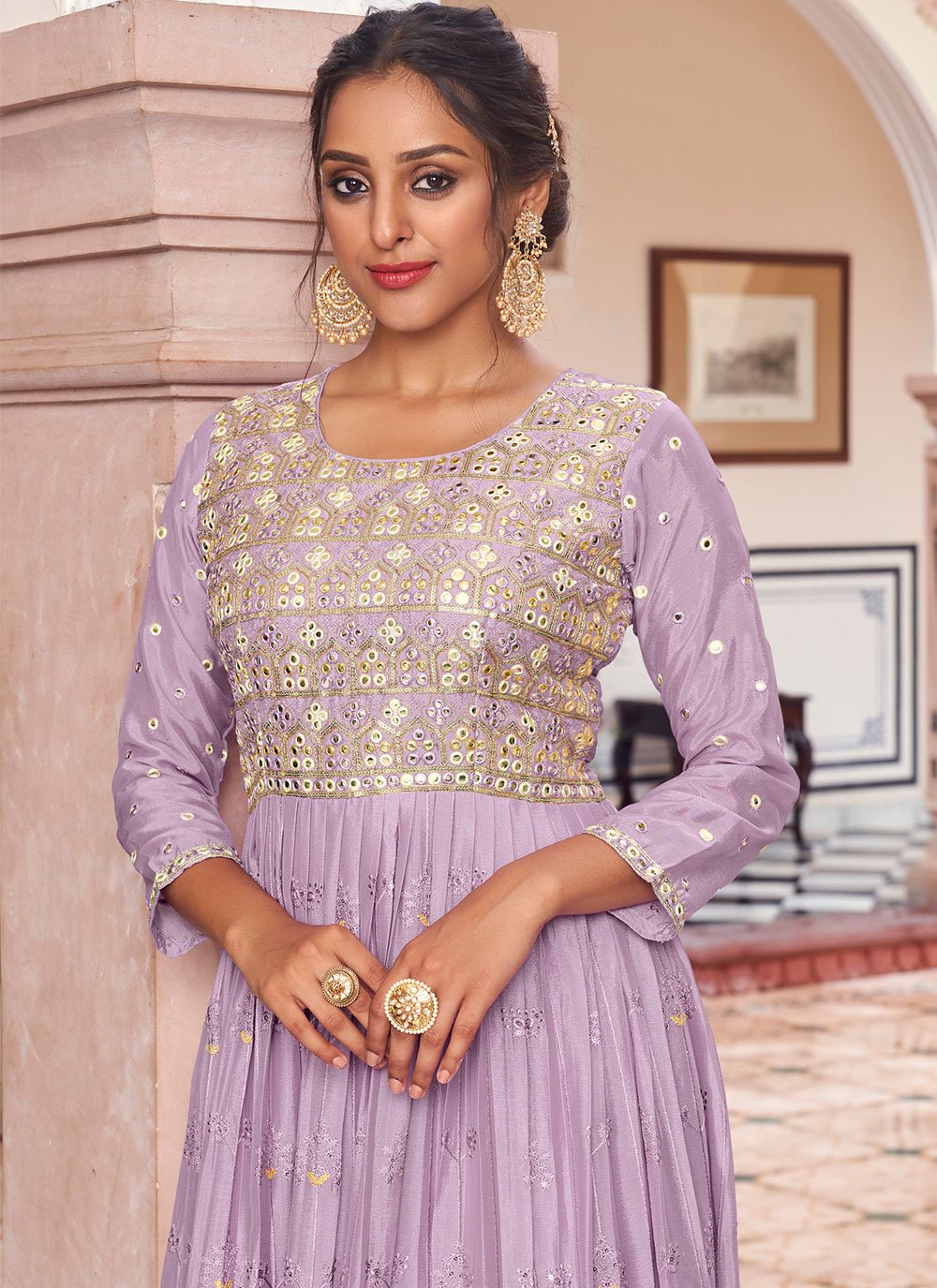 Anarkali Suit Chinon Lavender Embroidered Salwar Kameez