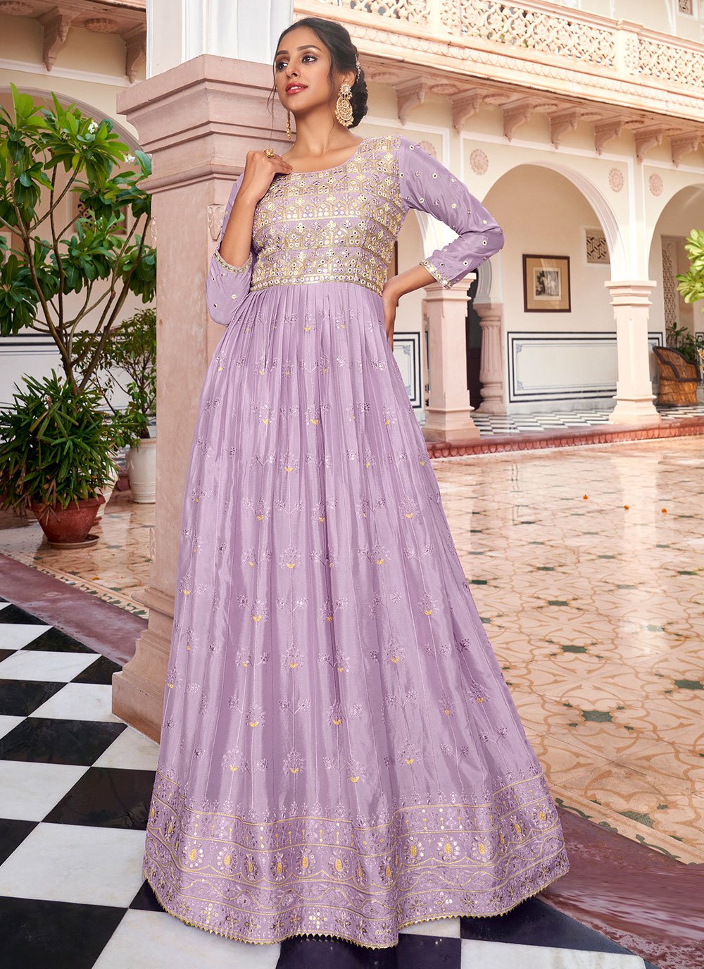 Anarkali Suit Chinon Lavender Embroidered Salwar Kameez