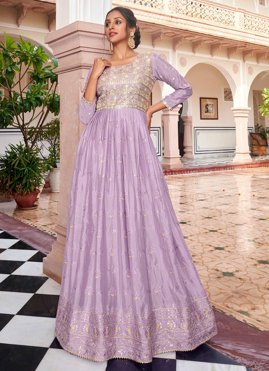 Anarkali Suit Chinon Lavender Embroidered Salwar Kameez