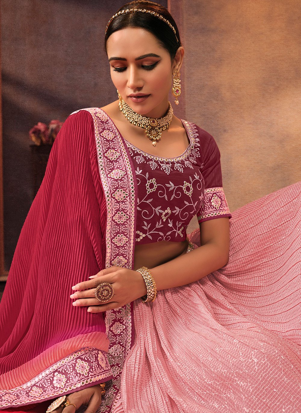 Lehenga Choli Chinon Pink Embroidered Lehenga Choli