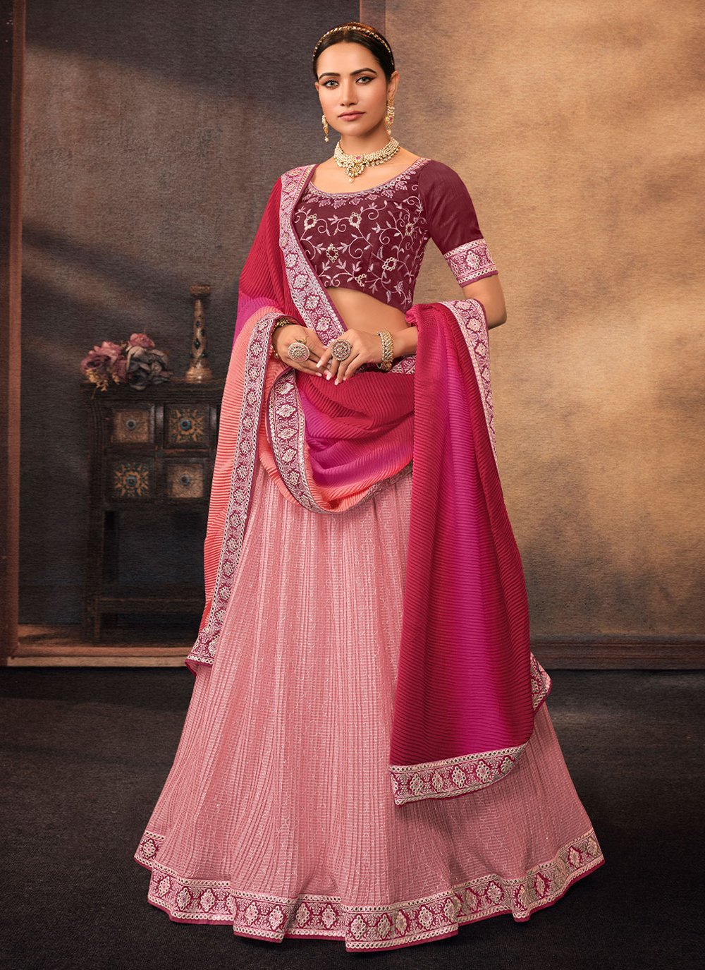 Lehenga Choli Chinon Pink Embroidered Lehenga Choli