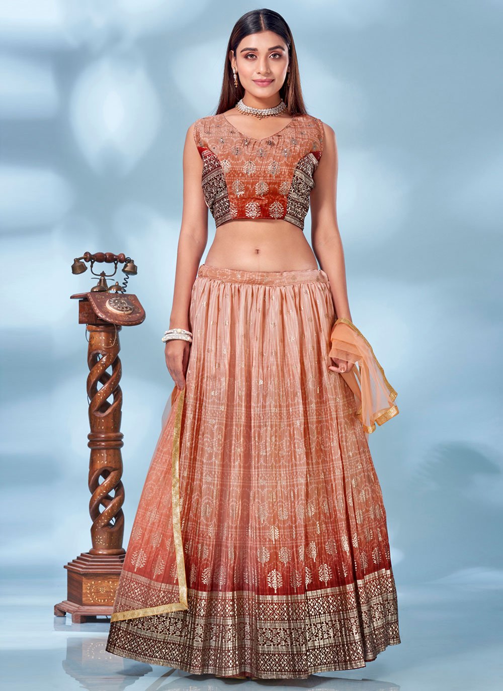 Lehenga Choli Chinon Peach Foil Print Lehenga Choli