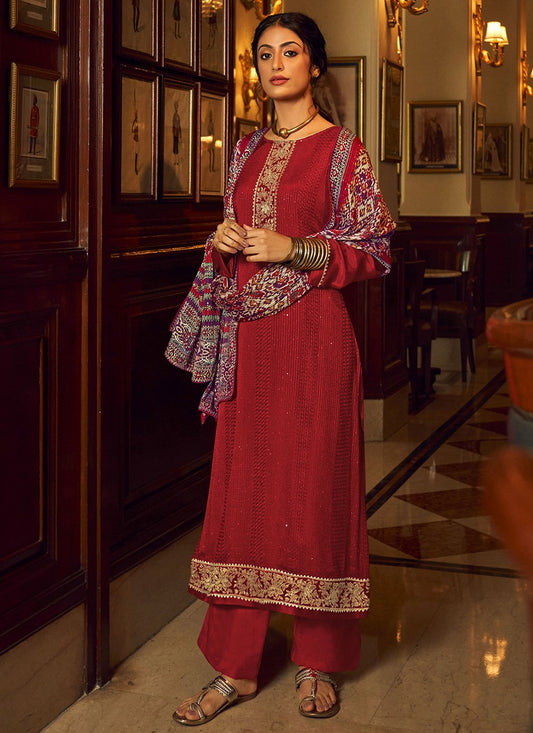 Salwar Suit Chinon Maroon Embroidered Salwar Kameez