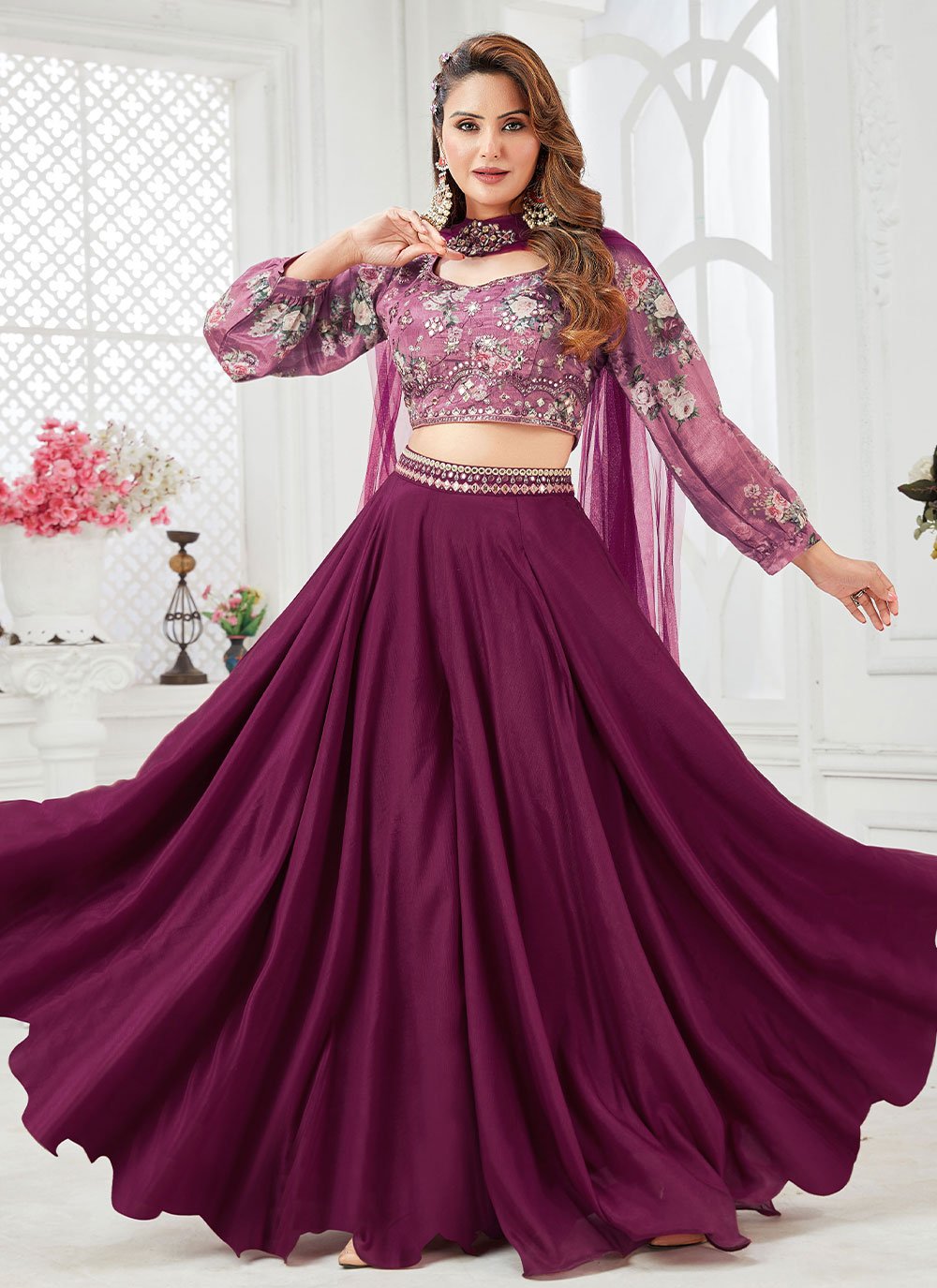 Salwar Suit Chinon Burgundy Embroidered Salwar Kameez