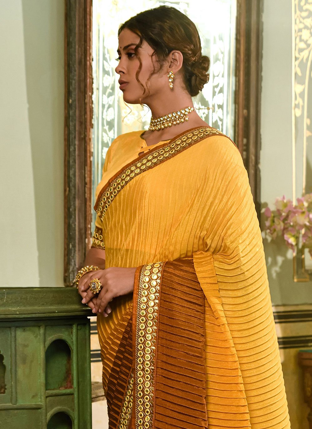 Classic Chinon Crush Mustard Embroidered Saree