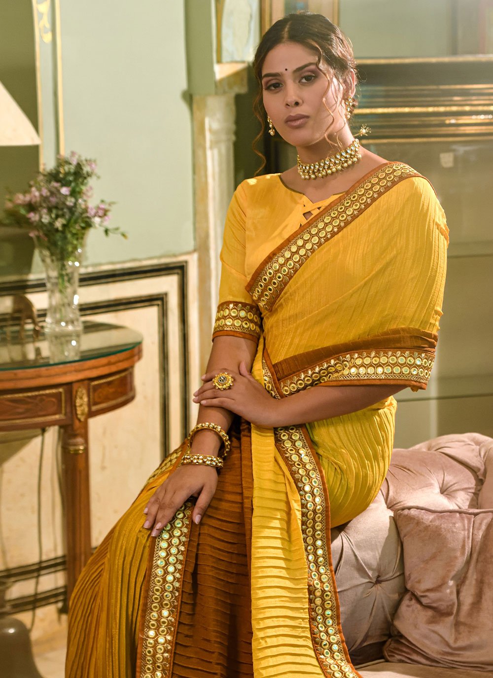 Classic Chinon Crush Mustard Embroidered Saree