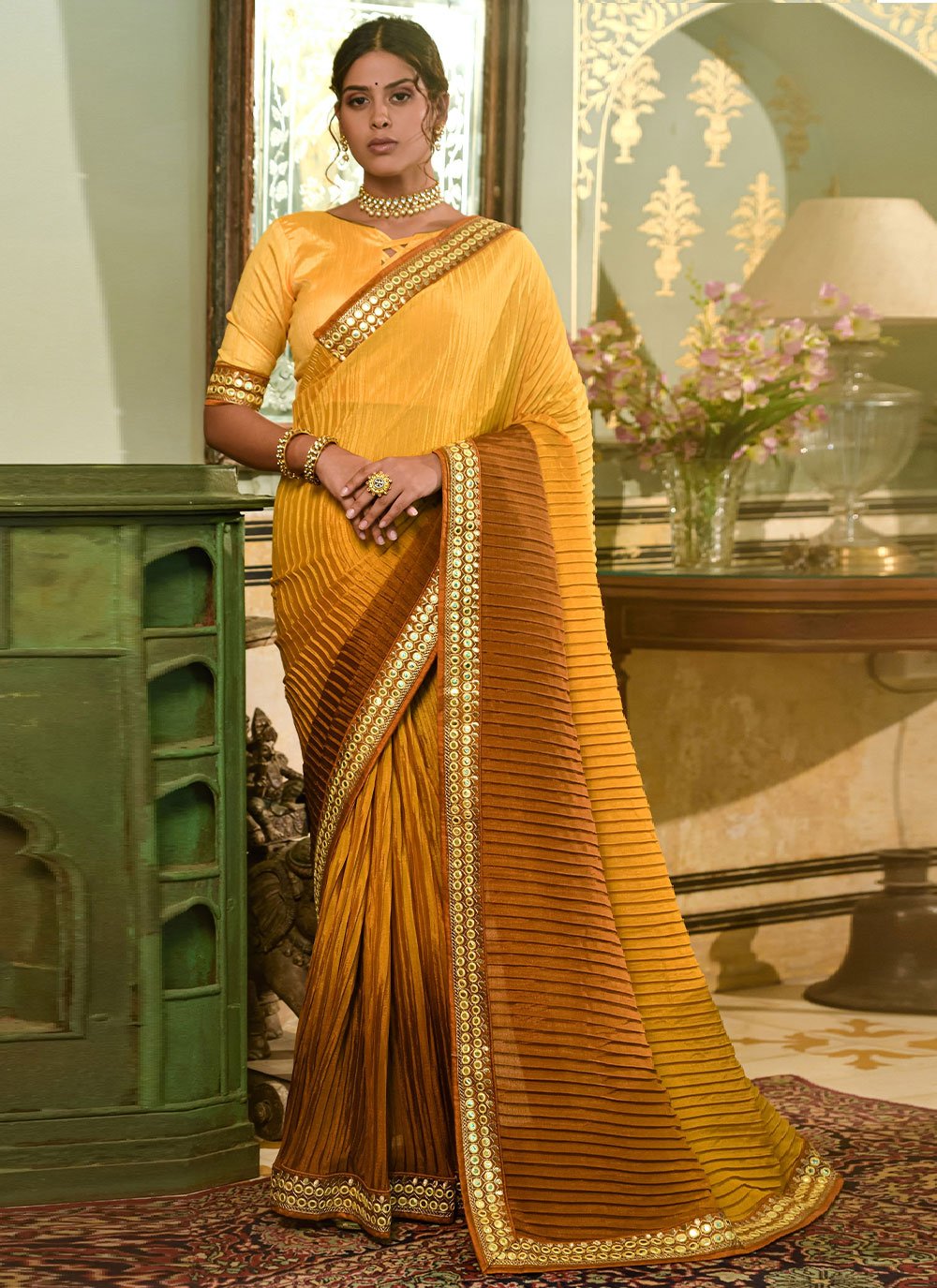 Classic Chinon Crush Mustard Embroidered Saree