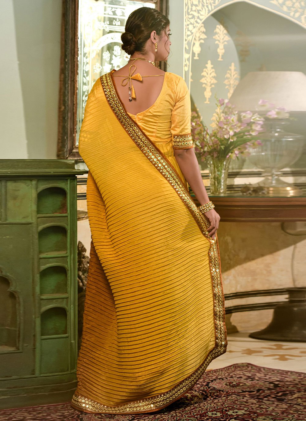 Classic Chinon Crush Mustard Embroidered Saree