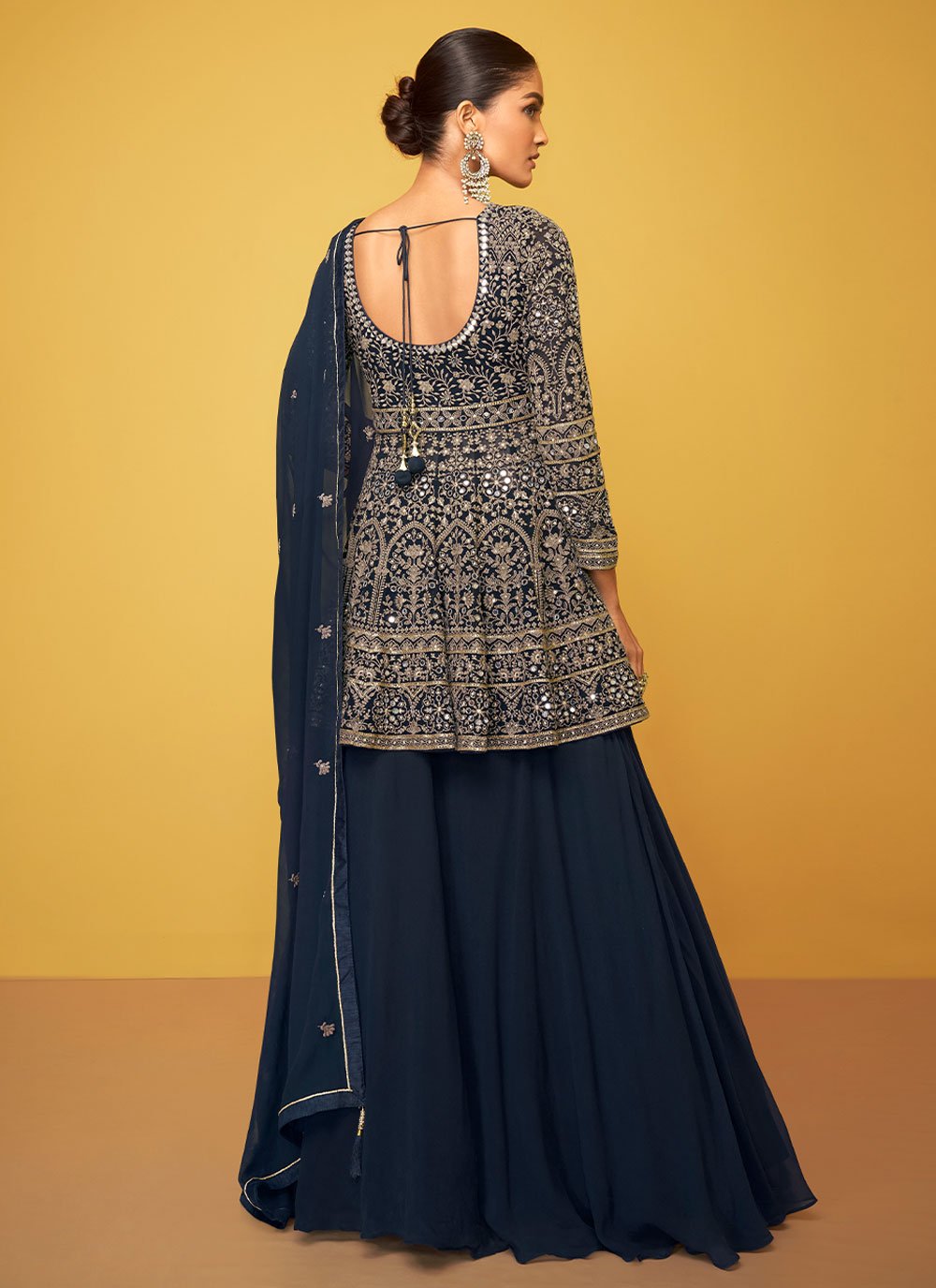 Palazzo Salwar Suit Chinon Blue Embroidered Salwar Kameez