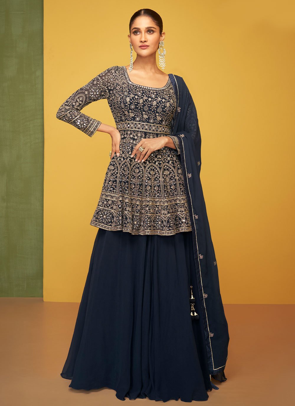 Palazzo Salwar Suit Chinon Blue Embroidered Salwar Kameez