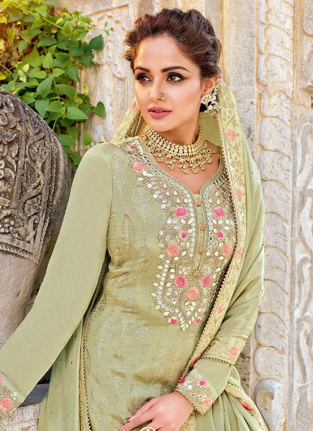 Palazzo Salwar Suit Chinon Green Embroidered Salwar Kameez