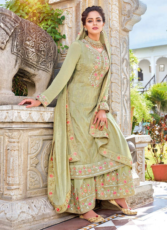 Palazzo Salwar Suit Chinon Green Embroidered Salwar Kameez