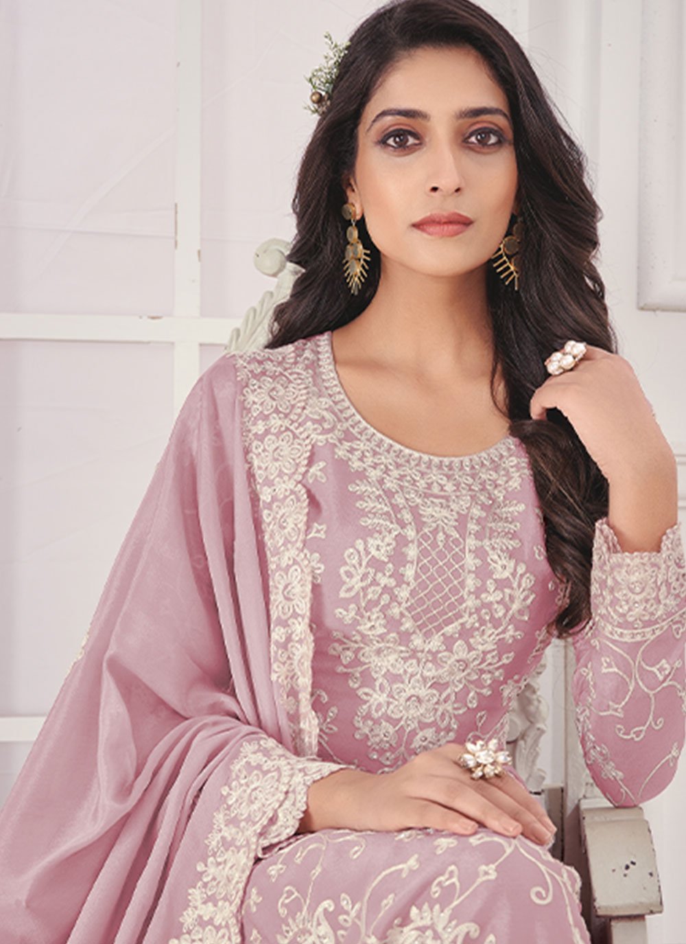 Pant Style Suit Chiffon Chinon Lavender Embroidered Salwar Kameez