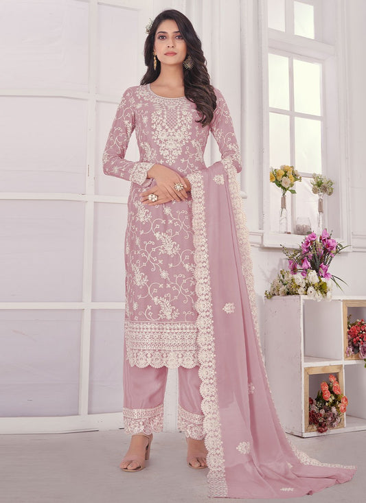 Pant Style Suit Chiffon Chinon Lavender Embroidered Salwar Kameez