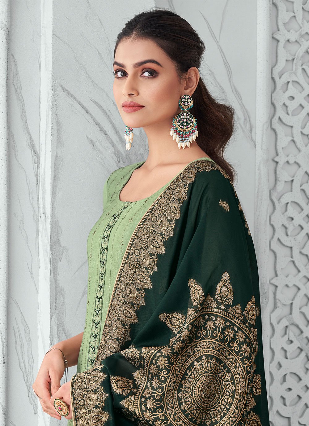 Pant Style Suit Chinon Sea Green Embroidered Salwar Kameez