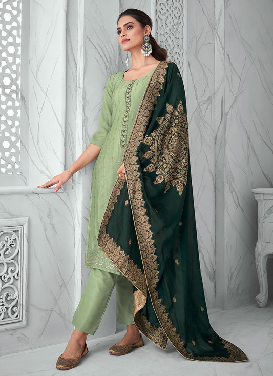 Pant Style Suit Chinon Sea Green Embroidered Salwar Kameez