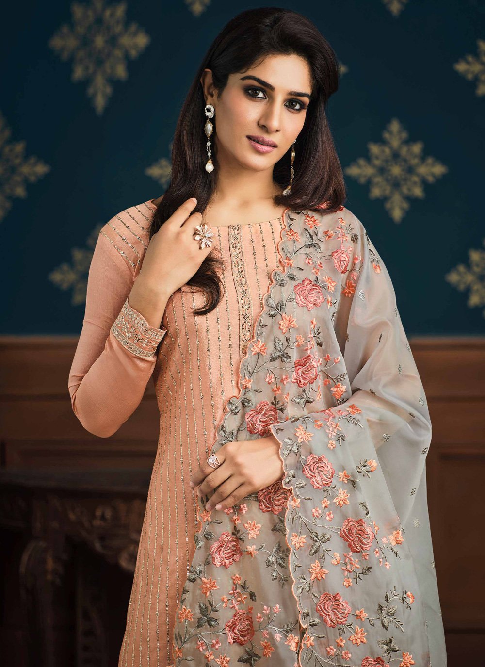 Pant Style Suit Chinon Peach Embroidered Salwar Kameez