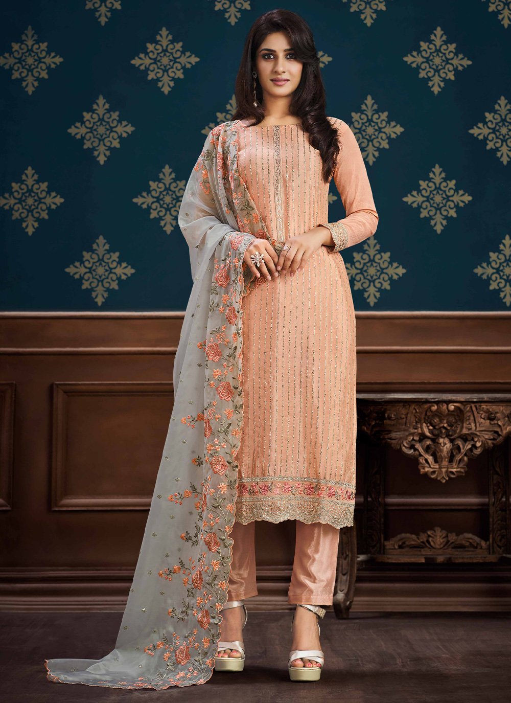 Pant Style Suit Chinon Peach Embroidered Salwar Kameez